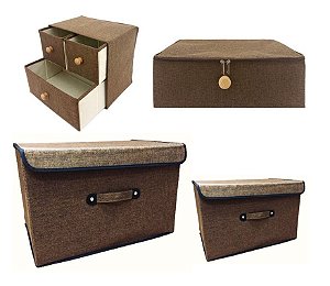 Kit Caixa Organizadora e Gaveteiro Linho Marrom Com Puxador Madeira 4 Peças