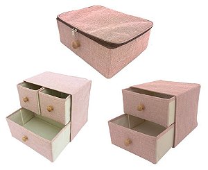 Kit Caixa Organizadora e Gaveteiro Linho Rosê Com Puxador Madeira 3 Peças
