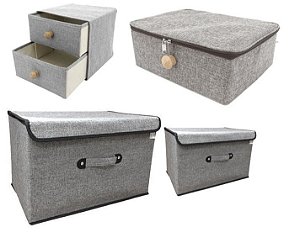 Kit Caixa Organizadora e Gaveteiro Linho Cinza Com Puxador Madeira 4 Peças