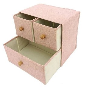 Caixa Organizadora Gaveteiro 3 Gavetas Linho Rosê Com Puxador Madeira 30x28cm - Yazi