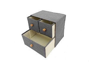 Caixa Organizadora Gaveteiro 3 Gavetas Linho Cinza Com Puxador Madeira 30x28cm - Yazi