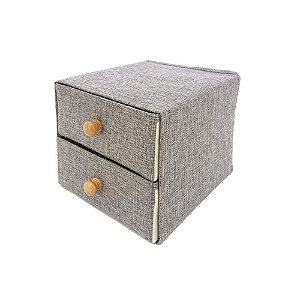 Caixa Organizadora Gaveteiro 2 Gavetas Linho Cinza Com Puxador Madeira 20x22cm - Yazi