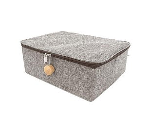 Caixa Organizadora Linho Cinza Com Zíper e Puxador Madeira 42x29cm Grande - Yazi