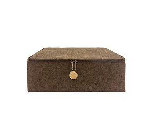 Caixa Organizadora Linho Marrom Com Zíper e Puxador Madeira 42x29cm Grande - Yazi