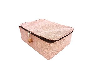 Caixa Organizadora Linho Rosê Com Zíper e Puxador Madeira 42x29cm Grande - Yazi