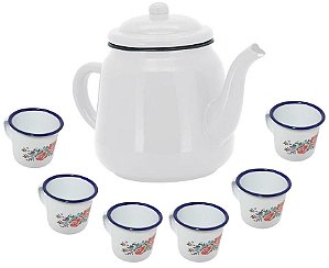 Conjunto Bule Esmaltado Branco 1,7 Litros e 6 Mini Canecas Estampadas 90ml - Yangzi