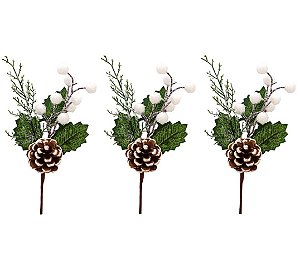 Kit Galho Pick Pinha Nevada Folhas e Berries Natal 17cm 3 Pç