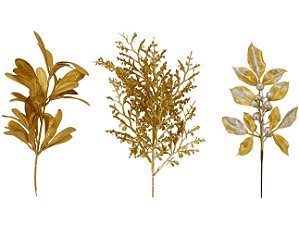 Kit Galho Arranjo Natal Folhas Eucalipto Dourado 25cm 3 Pç