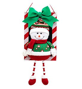 Placa Madeira Boneco de Neve Pelúcia Pernas Miçangas 53cm