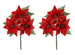 Jogo Buquê Natal Bico de Papagaio Veludo  3 Flores 35cm