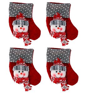 Jogo Botinha Natal Pelúcia Boneco de Neve Cinza e Vermelho 12cm 4 Unidades - Yangzi