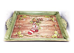 Bandeja Decorada Natal Moldura Vintage Verde Gold 35cmx25cm