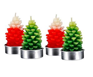 Jogo Mini Vela Natural Pinheiro  Natal Vermelho e Verde 4 Un