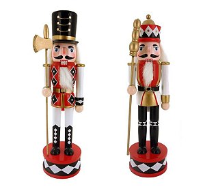 Jogo Soldado Quebra Nozes Guarda Natal Madeira Luxo 30cm Vermelho e Branco - Yangzi