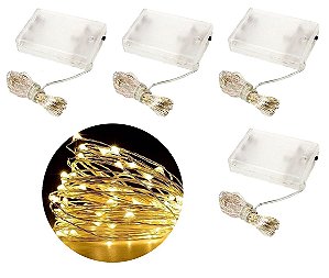 Kit Fio de Fada Micro LED Pilha 50L Branco Quente 5m 4 Peças