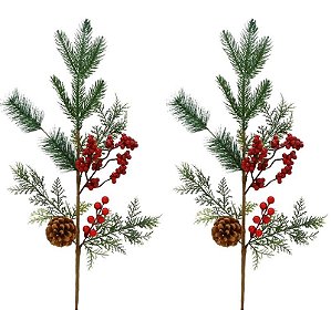 Kit Galho Arranjo Natal Mix Folhas Berries e Pinha 60cm 2 Unidades - Magizi