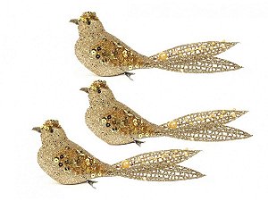 Kit Passarinho Natal Full Glitter Pérolas Dourado 16cm 3 Un