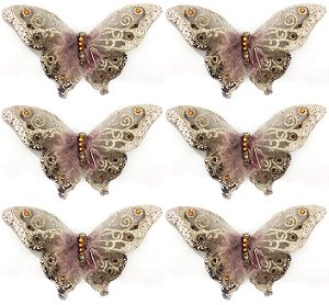 Kit Borboleta Decor Luxo Plumas e Pedras Brilho Bronze 6 Pç