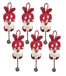 Jogo 6 Bonecos Papai Noel Guizo Pelúcia Cordinha 23cm - Master Christmas