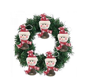 Guirlanda Decorada 25cm Placa Noel Champanhe e 5 Sinos Metal Rústico Pelúcia Boneco de Neve - Magizi