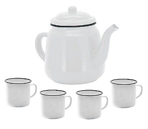 Conjunto Bule Esmaltado Branco 1,7 Litros e 4 Mini Canecas 90ml - Yazi
