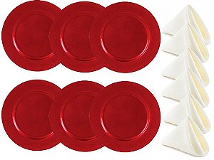 Jogo Sousplat Vermelho Liso e Guardanapo Tecido 12 Peças