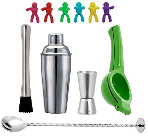 Kit Caipirinha Bartender Coqueteleira e Marcador de Copos Color 6 Peças - Yangzi