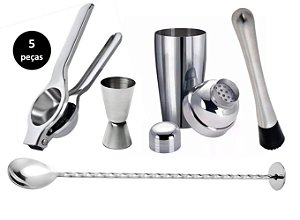 Kit Caipirinha Top Inox 5 Peças com Coqueteleira e Colher Bailarina - Yangzi