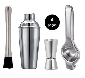 Kit Caipirinha Barman Inox Premium Coqueteleira e Macerador 4 Peças - Yangzi