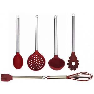 Jogo de Utensílios Silicone 6 Peças Inox Premium - Yazi - Vinho - 26 a 34cm