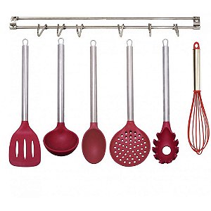 Jogo de Utensílios Silicone 6 Peças Premium + Suporte Inox para Parede - Yazi