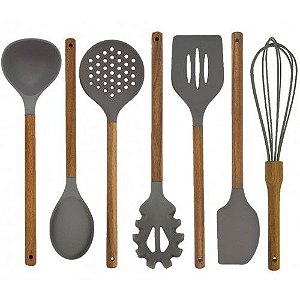 Jogo de Utensílios Silicone 7 Peças Cabo Madeira Acácia - Yazi - Cinza - 30cm