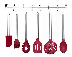 Jogo Utensílios Silicone 6 Peças Premium + Suporte Inox Parede - Yangzi