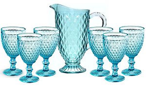 Jogo Jarra 1,2 Litros com 6 Taças Azul Tiffany 240ml Vidro Bico de Abacaxi - Mimo Style