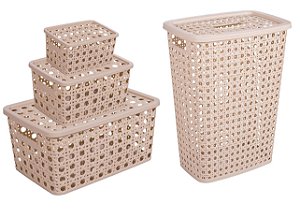 Jogo Caixas Organizadoras e Cesto Para Roupas Palha Indiana Plástico Premium 4 Peças - Plasutil