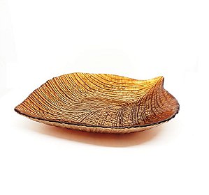 Travessa Vidro Centro de Mesa Folha Bronze Texturizado Drops 27cm - Tuut