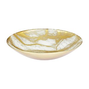 Travessa Centro de Mesa Fruteira Vidro Branco Marmorizado Dourado Atlas 30cm - Tuut