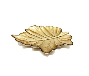 Travessa Vidro Centro de Mesa Luxo Folha Dourada Leaves 24cm - Tuut