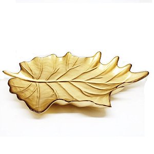 Travessa Vidro Fruteira Centro de Mesa Luxo Folha Dourada Leaves 35cm - Tuut