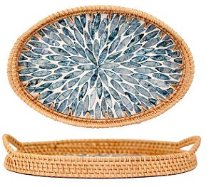 Bandeja Oval Fibra Natural Base Concha Luxo Santorini 35cm - Yangzi