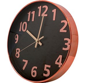Relógio de Parede Analógico Rosê Metalizado Fundo Preto Luxo 30cm - Yangzi