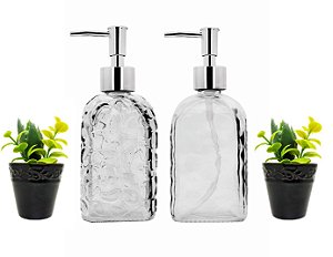 Kit Banheiro Porta Sabonete Líquido Vidro Clear e Mini Vaso Suculenta Black 4 Peças