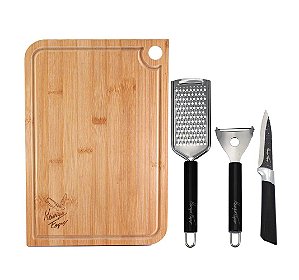 Kit Para Legumes Tábua Bambu, Ralador, Descascador e Faca Aço Inox Henrique Fogaça - Tuut