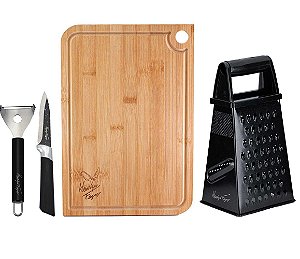Kit Tábua Bambu, Ralador, Descascador e Faca Legumes Inox Henrique Fogaça - Tuut