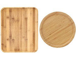 Conjunto Bandeja para Servir Bambu Redonda e Retangular 2 Peças - Tuut