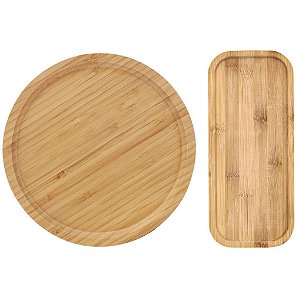 Conjunto Bandejas para Servir Bambu Eco Prime Retangular e Redonda 2 Peças - Tuut
