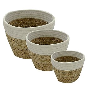Jogo 3 Cestos Multiuso Fibra Natural Round Branco e Bege