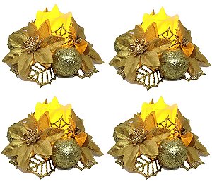 Jogo 4 Velas Eletrônicas LED Natal Decorado Bico de Papagaio Pick Glitter Dourado