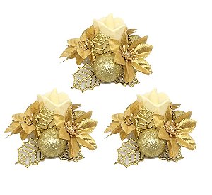 Conjunto 3 Porta Velas Natal Bico de Papagaio e Bolas Dourado Glitter Com Vela Eletrônica LED