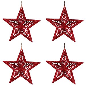Kit 4 Estrelas Filigrana Natal Glitter Vermelho Pendente 20cm - Yangzi